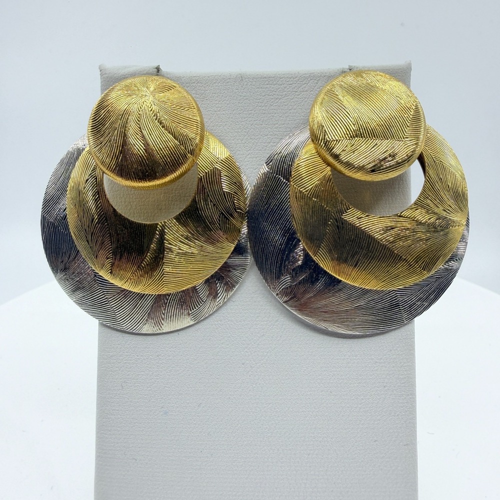 Mixed Metal Two-Tone Textured Geometric Statement Stud Earrings